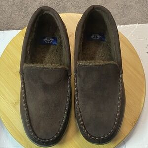 Dockers Slipper Mens 7-8M Mocassin Brown Suede Lined Faux Fur Slip On Lightweigh